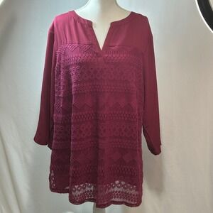 Zac & Rachel Woman Burgundy Lace Blouse V-Neck 3/4 Sleeve Top 2X‎